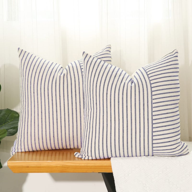 Hckot Navy Blue and Beige Patchwork Farmhouse Throw Pillow Covers 20 x 20 Inch  Pack of 2 Striped Linen Decorative Pillow Case for Sofa Couch Chair Bedroom Modern Decor (20"" x 20""  Navy Blue) - Image 1
